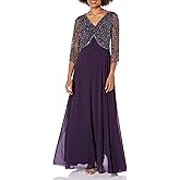 J Kara Women's Plus Size 3/4 Sleeve V-Neck Beaded Top Long Gown