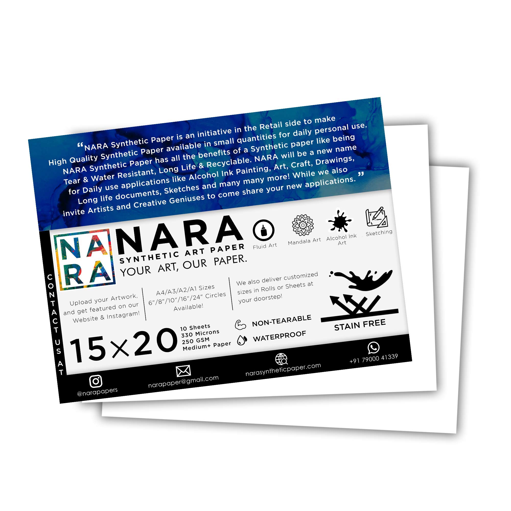 NARA® Paper for Alcohol Ink Painting | Alcohol Ink Paper | 15 inches x 20 inches (15”x20”) | 330 microns/250 GSM | Medium+ Paper | 10 Sheets | 100% Stain-Free