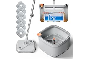 KZKR Spin Mop and Bucket Set with Self Separation Dirty and Clean Water System, Self Wringing 360° Rotating Square Mop Head for Home Floors Cleaning (1.0 Mop and Bucket Set (6 Pads))
