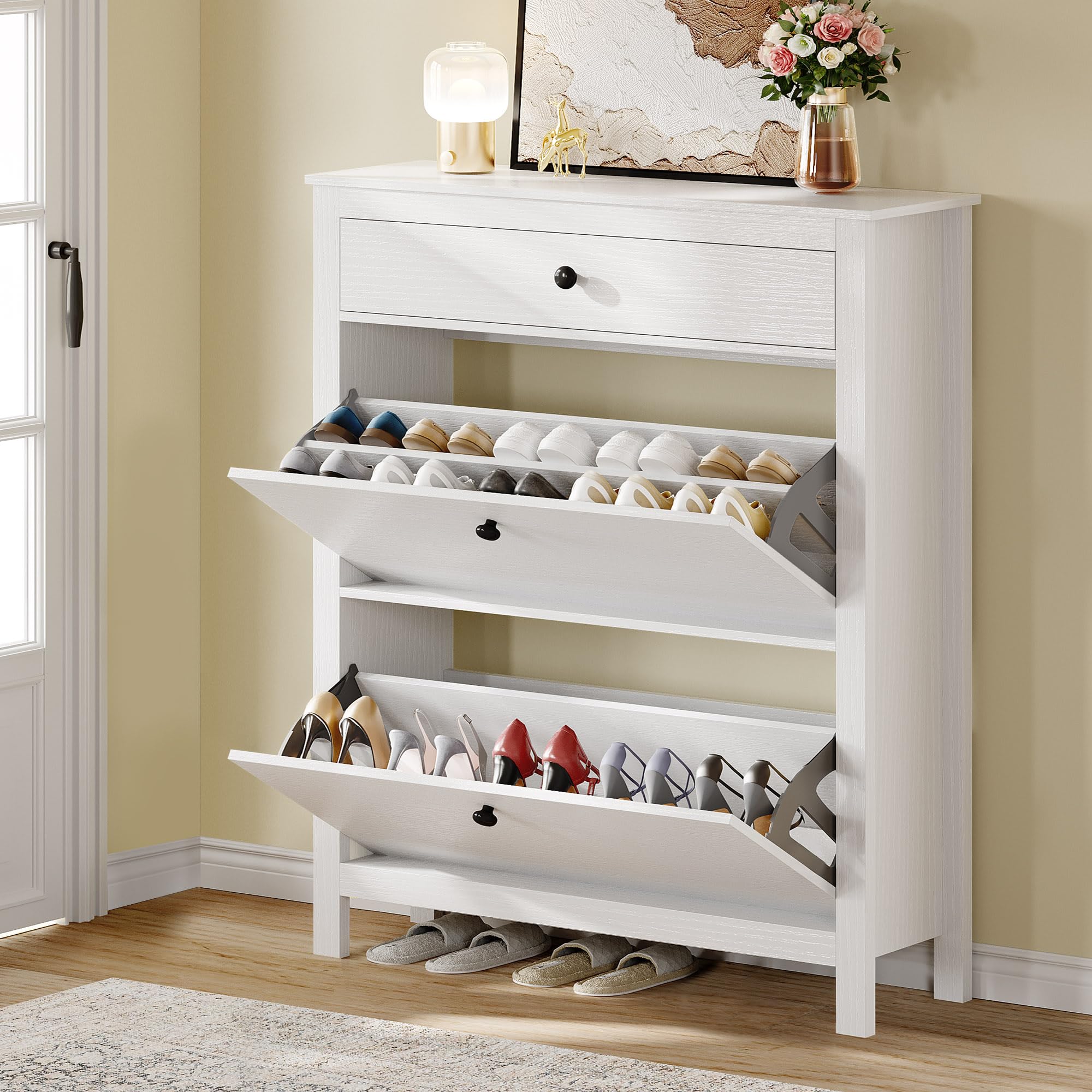 Photo 1 of DWVO Narrow Shoe Cabinet with 2 Flip Drawer Slim White Shoe Storage Cabinet with Drawer, Adjustable or Removable Hidden Shoe Rack Free Standing Shoe Cabinet Organizer for Entryway, Hallway