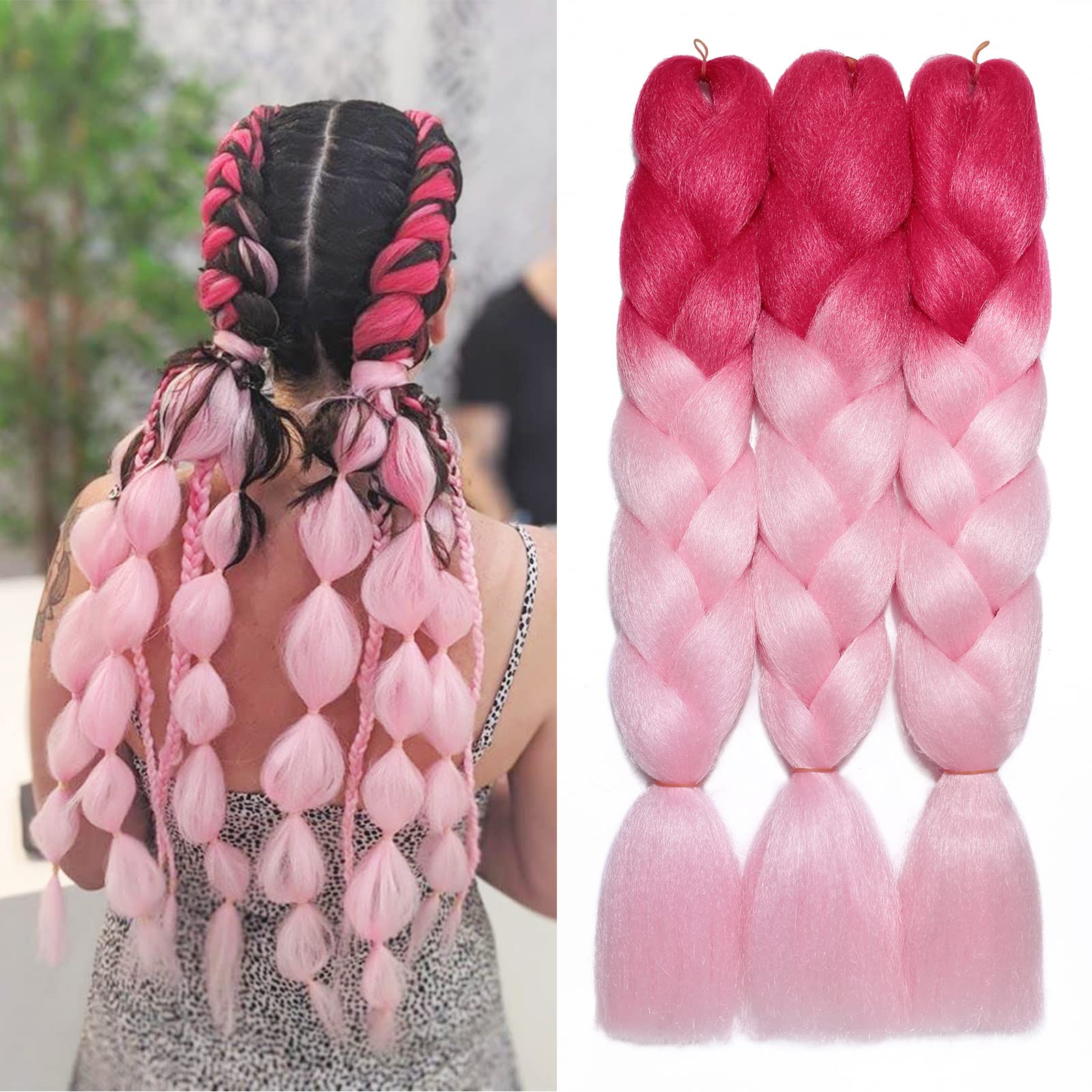 3 Pcs /300g 24'' Two Ombre Jumbo Braiding Hair Synthetic Braid Hair Extensions Rose Red to Light Pink