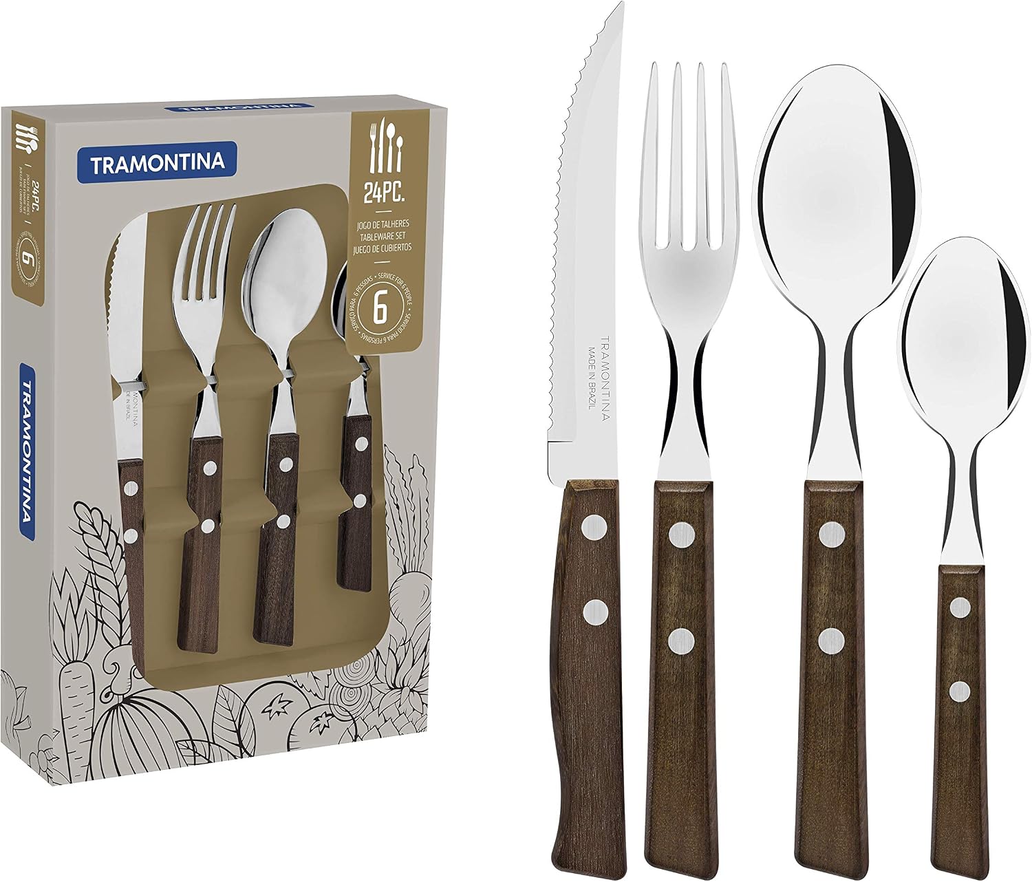 Tramontina Cutlery Set including Steak Knives, 24 Piece Sharp Knife, Forks, Teaspoons, Tablespoons with Wooden Handles