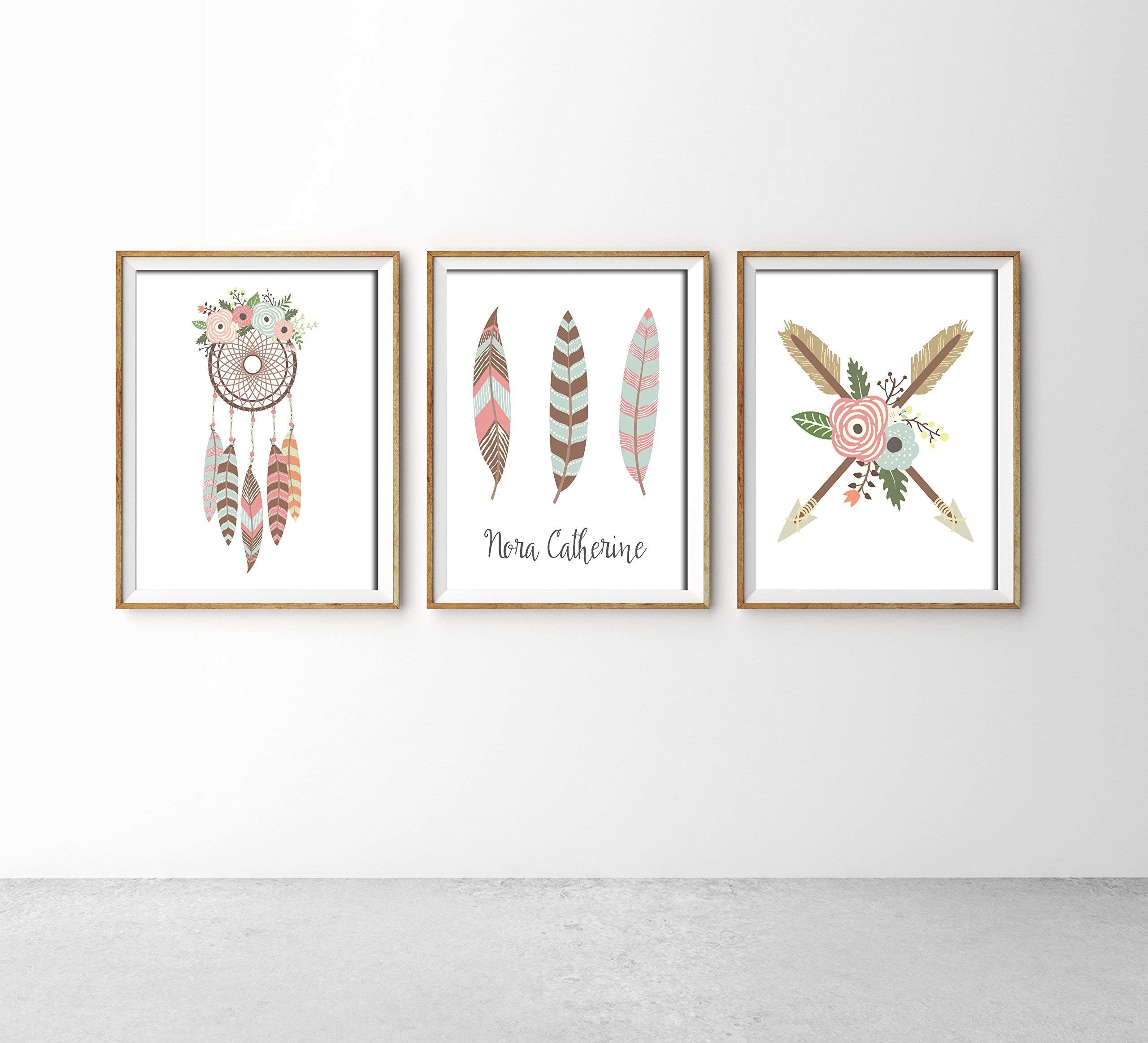 Set of 3 Prints, Boho Nursery Prints, Feather Girls Room, Girl Nursery Art, Woodland Animal Decor, Nursery Decor, Girls Room Sign, Personalized Nursery Decor