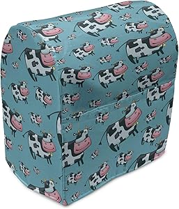 Ambesonne Cattle Stand Mixer Cover, Doodle Multiple Cows with Bells Continuous Pattern on Blue Background Print, Kitchen Appliance Organizer Bag Cover with Pockets, 6-8 Quarts, Teal Pink