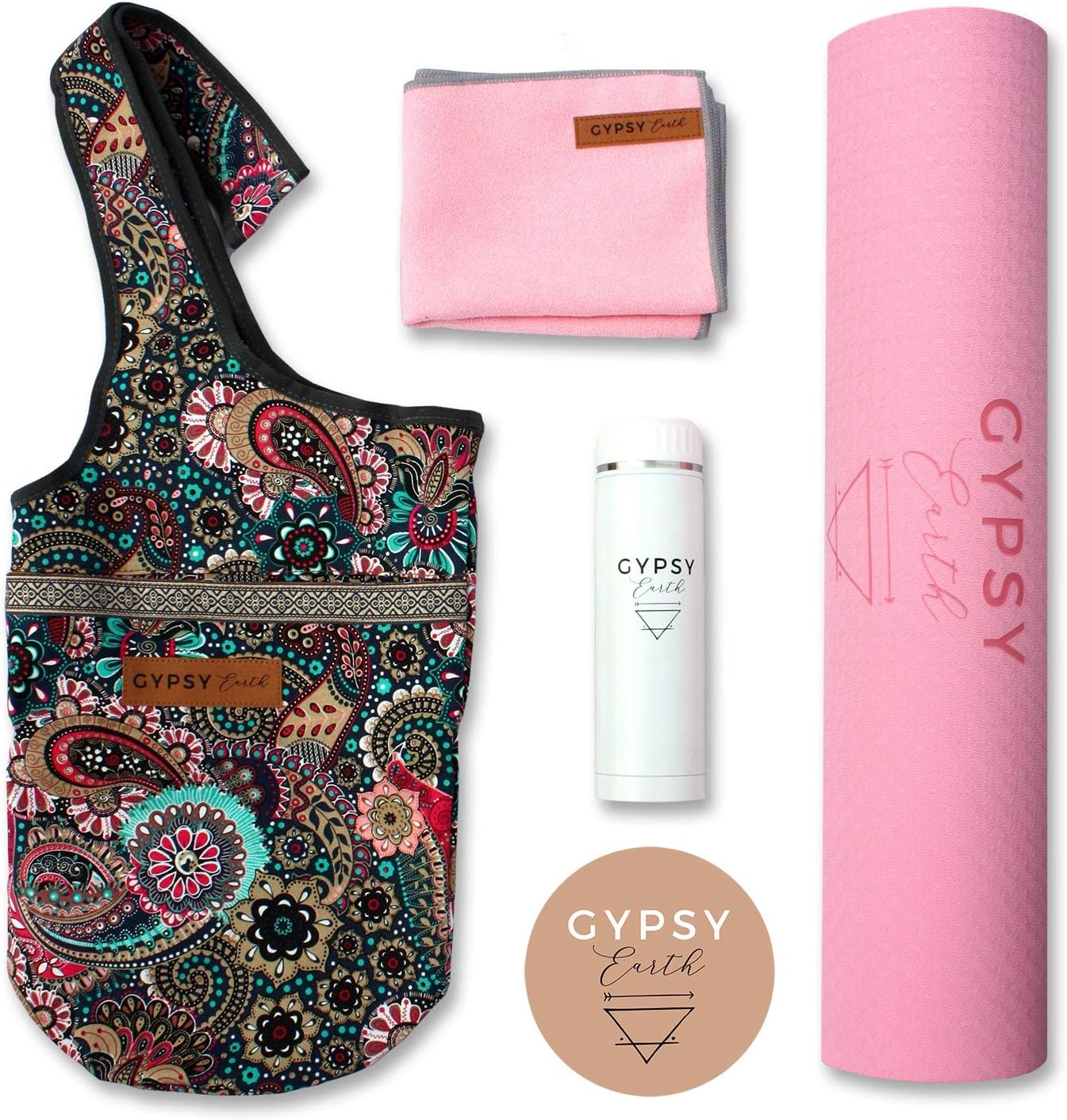 Gypsy Earth Yoga Carry Bag with Yoga mat with Free Sustainable Water Bottle and Micro Fiber Towel, Fit Most Size Mats, Multi-Functional Usage, Yoga Tote Bag, Yoga Gift Set, Yoga Starter Kit
