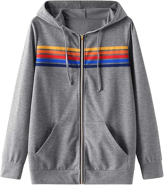 Women's FullZip Hoodie Sweatshirt Rainbow Stripe Long Sleeve