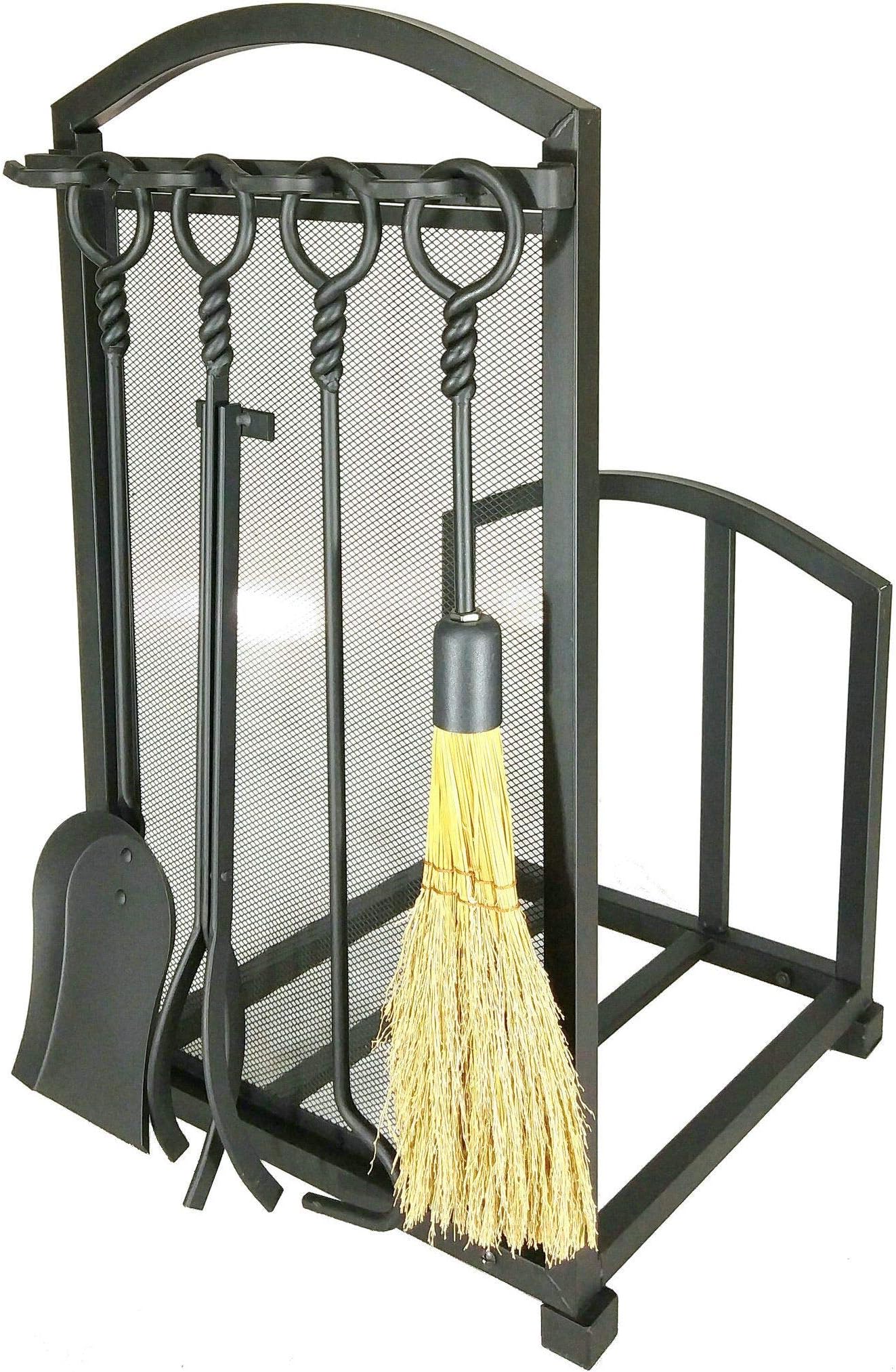 LIZH METALWORK® Fireplace Log Rack and Fireplace Tool Set with 4 Tools, Wrought Iron Indoor Outdoor Backyard Fireside Firewood Rack Holder Lumber Storage Stacking Log Holder Log Bin, Matte Black