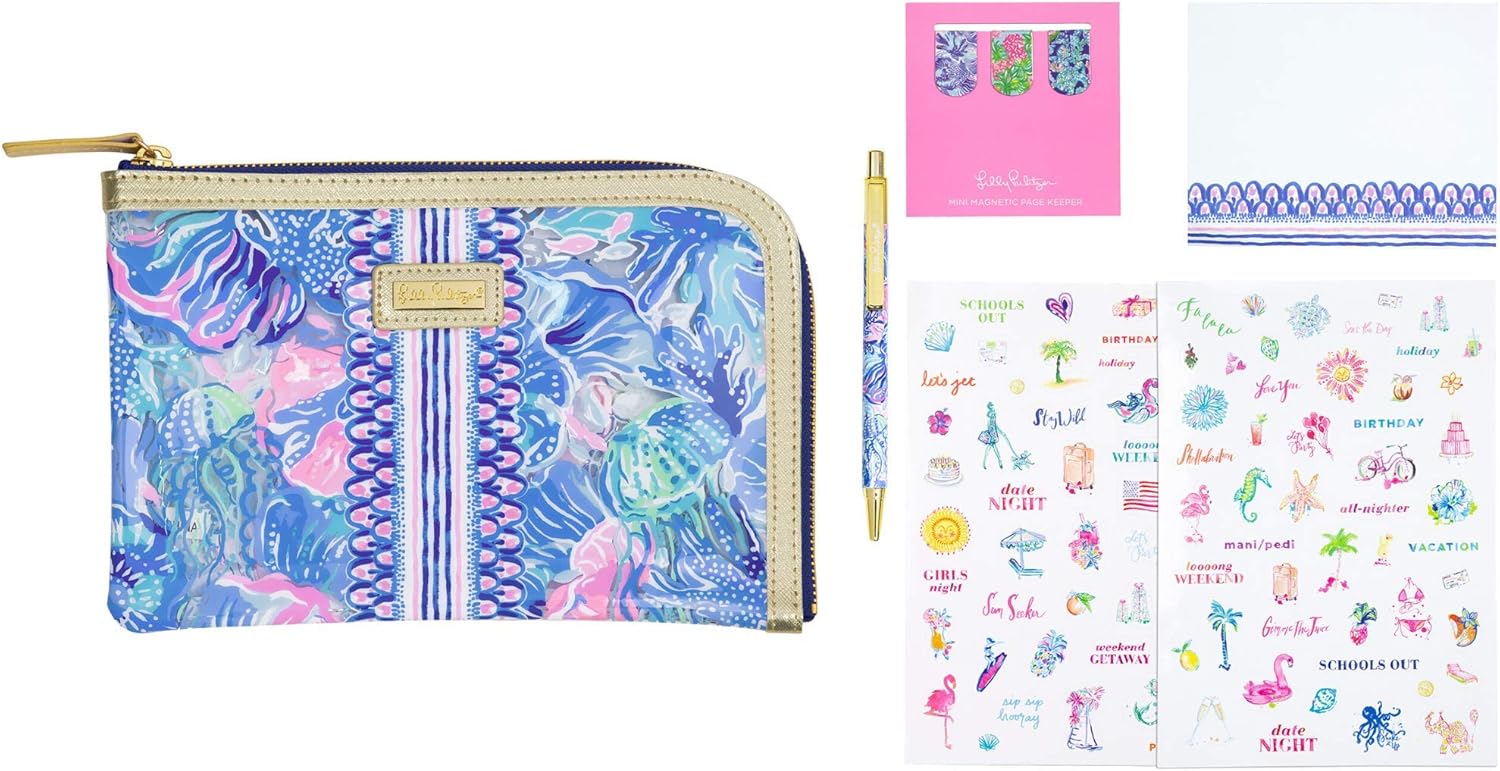Lilly Pulitzer Pencil Case with Planner Accessories, Agenda Pack Includes Zip Pouch, Stickers, Magnets, Notepad, and a Black Ink Pen, Shade Seekers