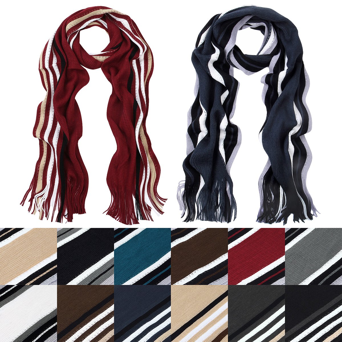 Classic Premium Unisex Striped Winter Knit Fringe Scarf - Different Colors Classic Premium Unisex Striped Winter Knit Fringe Scarf - Different Colors