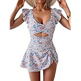 Aidonger One Piece Swimdress Swimsuit for Women Tummy Control Ruffle Swim Dress Skirt V Neck Cutout Wrap Bathing Suit