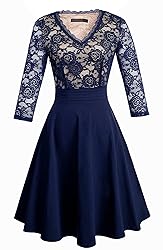 HOMEYEE Women's Chic V-Neck Lace Patchwork Flare