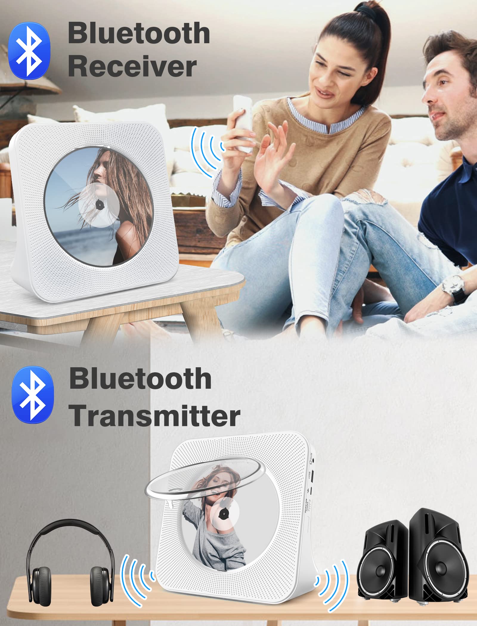 Portable CD Player with Bluetooth: 4000mAh Recheageable Kpop Music Player with HiFi Speaker,Remote Control,LCD Display,Sleep Timer,Headphone Jack, Supports CD/Bluetooth/FM Radio/U-Disk/AUX for Home