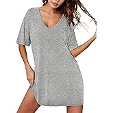 Ekouaer Nightgowns for Women Bamboo Viscose Sleepshirt Short sleeve Nightshirt V Neck T shirt Night gown Boyfriend Sleepwear