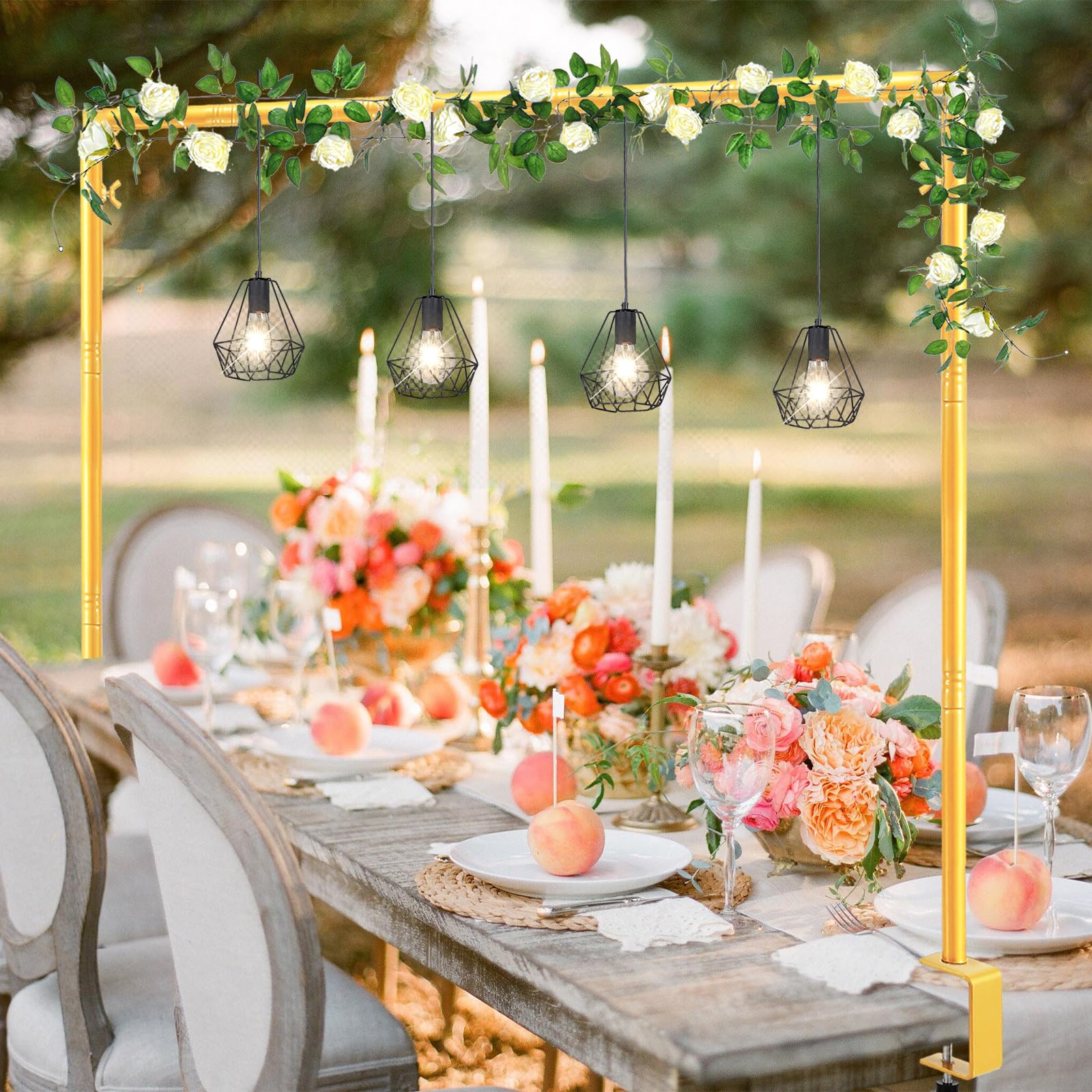 Photo 1 of Over The Table Rod Stand with Clamps Adjustable 46"-100'' Length 29"-55" Height Gold Table Balloon Arch Stand with Storage Bag, Metal Decorating Rod Hanging