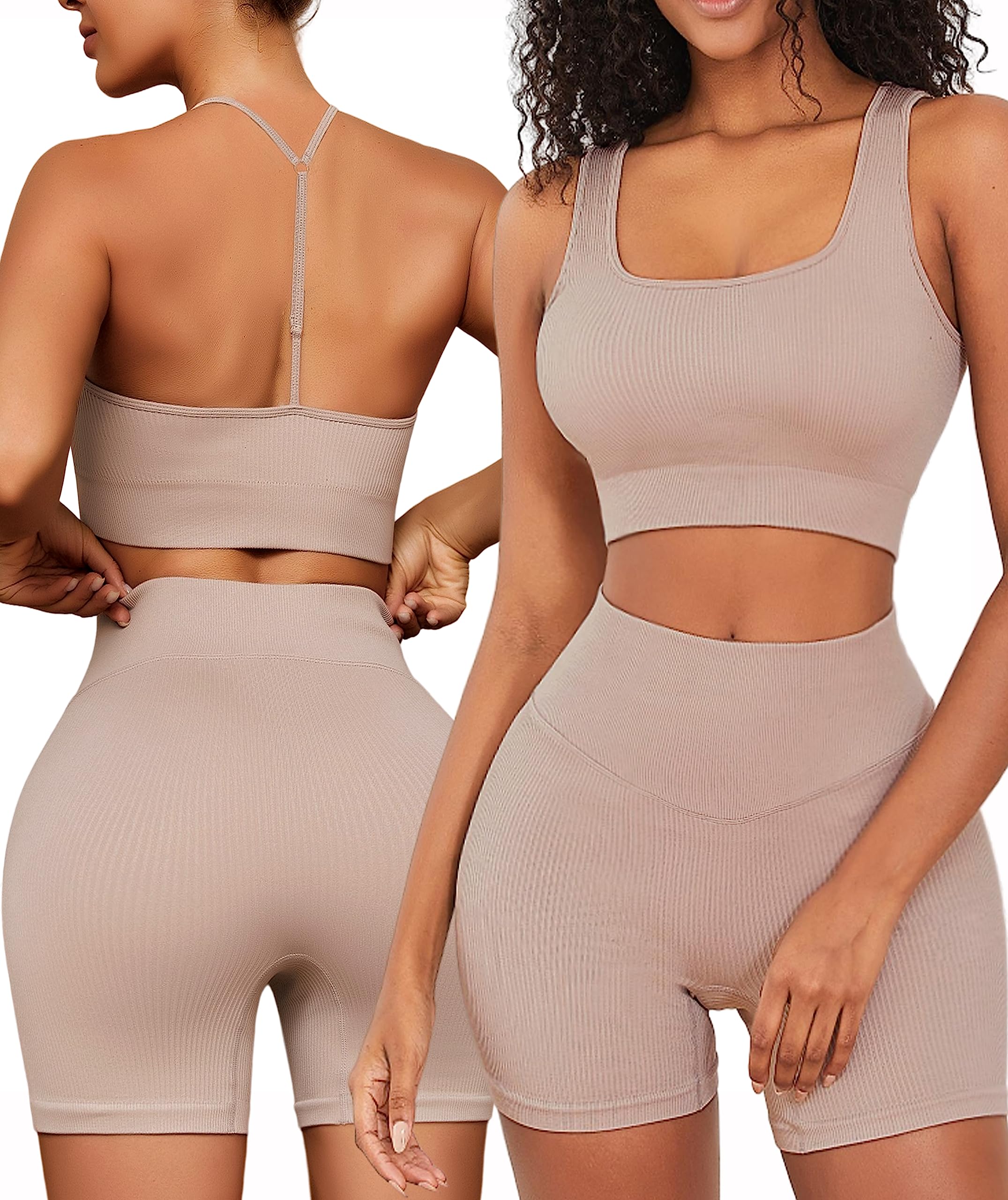 Photo 1 of *BOTTOMS ONLY* Workout Outfits Sets for Women 4 piece Seamless Backless Tank Sport Bra High Waist Short Yoga Gym Matching Active Set xs