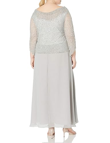J Kara Women's Plus Size Long Beaded Dress with Cowl Neck, Silver