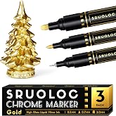 SRUOLOC 3Pcs Liquid Gold Paint Markers, Oil-based Permanent Chrome Maker, Gloss Mirror Marker Repairing, Reflective Metallic Pen Markers for Touch Up Model Painting DIY Art Projects, Gold