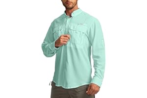 PUDOLLA Men's Sun Protection Fishing Shirts Long Sleeve Travel Work Shirts for Men UPF50+ Button Down Shirts with Zipper Pockets