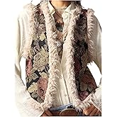 Verdusa Women's Western Faux Fur Floral Embroidery Cowgirl Vest Boho Open Front Sleeveless Outerwear