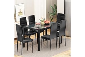 Recaceik, 7 Piece Kitchen 6 Person, Tempered Glass Table and PU Leather Chairs Modern Dining Room Sets for Small Space, Black