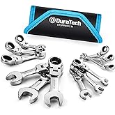 DURATECH Stubby Flex-head Ratcheting Wrench Set, Metric, 12-piece | 8mm-19mm, CR-V Steel, Corrosion Resistance, 72-Tooth, 5&deg; swing arc, 180&deg; Flexible, for Narrow Spaces, with Pouch