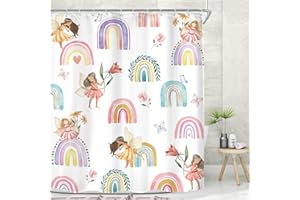MESHELLY Kids Shower Curtain 60Wx72H Boho Rainbow Shower Curtain for Baby Girls Colorful Shower Curtain Cute Cartoon Fairy Floral Lovely Spring Flower Aesthetic Bathroom Decor Fabric with 12 Hooks