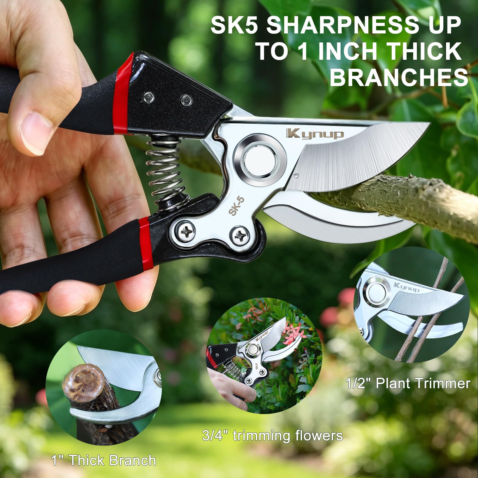 Kynup Profi Gartenschere mit SK-5 Stahl, Rostfreie Astschere für Äste bis 25mm, Profi Rosenschere & Baumschere mit Ergonomisch Rutschfester Griff, Pflanzenschere für Rosen, Sträucher, Bonsai 4