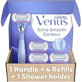 Gillette Venus Razor for Women, Extra Smooth Contour, Includes 1 Reusable Razor Handle + 4 Count 5-Bladed Razor Refills, with Flexiball Pivoting Handle and Shower Holder