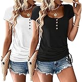 Gihgoew Womens T Shirts 2 Pack Summer Tops for Women 2025,Short Sleeve U Neck Henley Tee Women's Loose Button Trendy Clothes