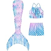 Ghteas Girls Mermaid Bathing Suit 3PCS Cute Ruffle Tankini Swimsuits with Boyshort Fish Tail Kids Beach Swimwear 3-11Y