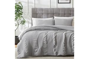 Palassio Queen Bed Comforter Set, Grey, 3 Pieces, Ultra-Soft Microfiber Fabric, Striped Seersucker Design, Easy Care