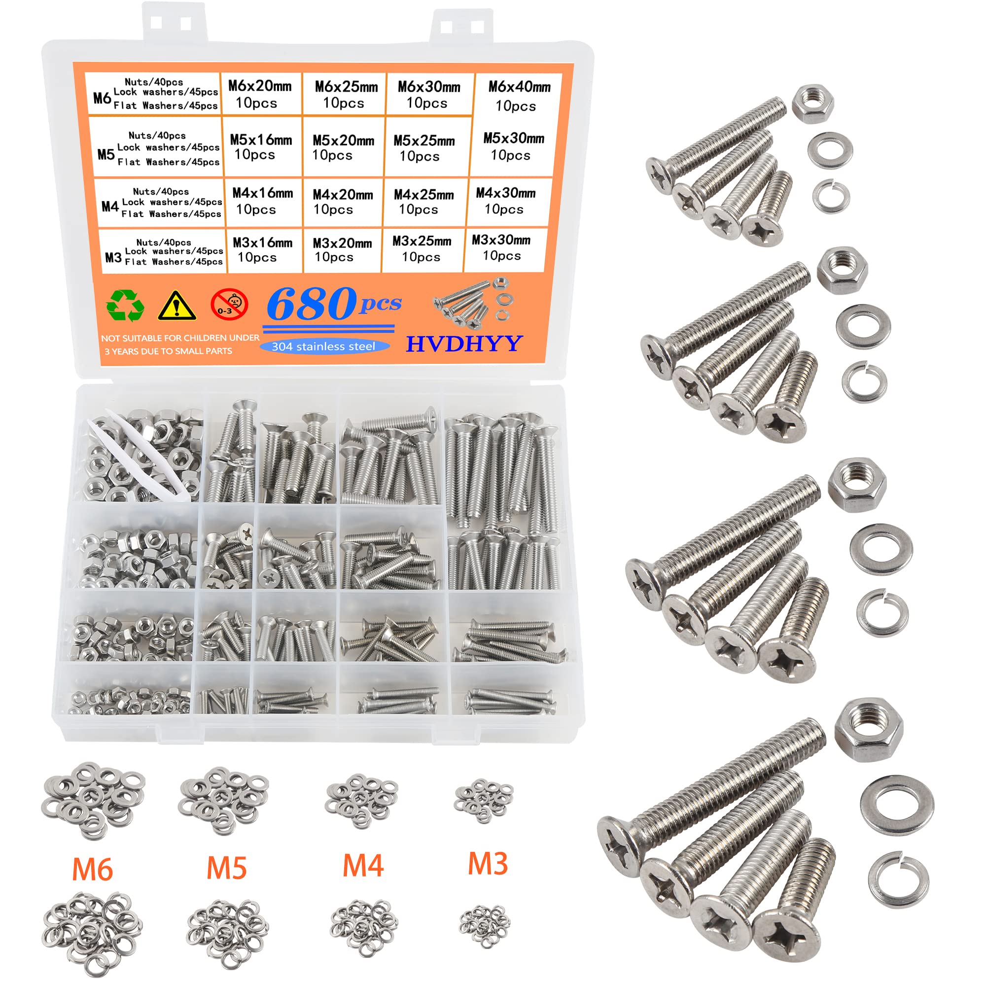 HVDHYY M3 M4 M5 M6 Nut and Bolt set Machine Screws & Nuts & Washers Assortment kit 304 Stainless Steel Button with a Reusable Storage Box (680pcs)