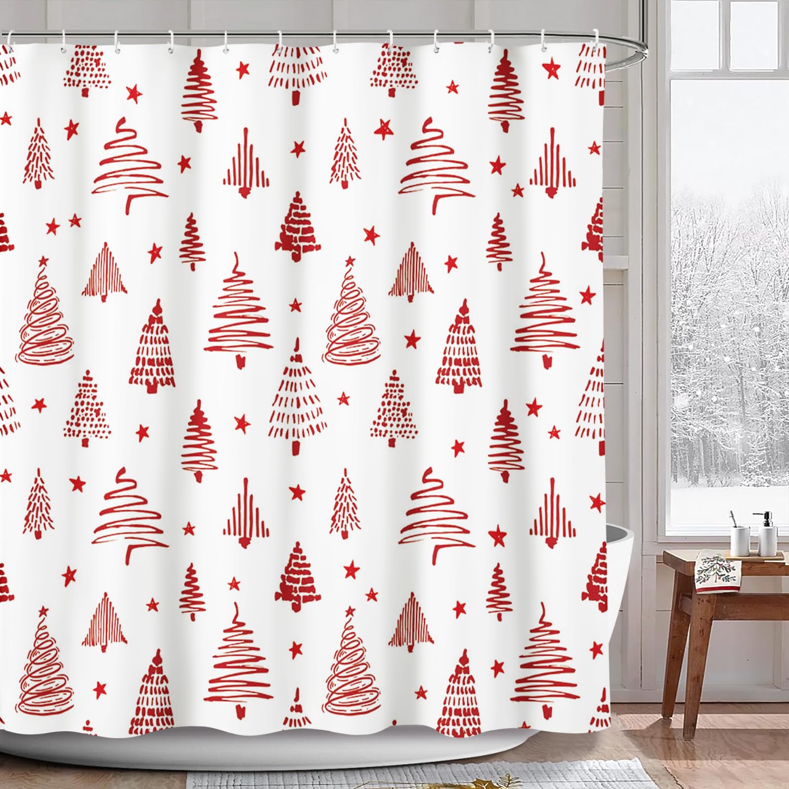 AIBIIN Christmas Shower Curtain Red Xmas Tree Stars Bath Curtains New Year Holiday Decor for Bathroom Durable Polyester Material with 12 Hooks 180x180cm
