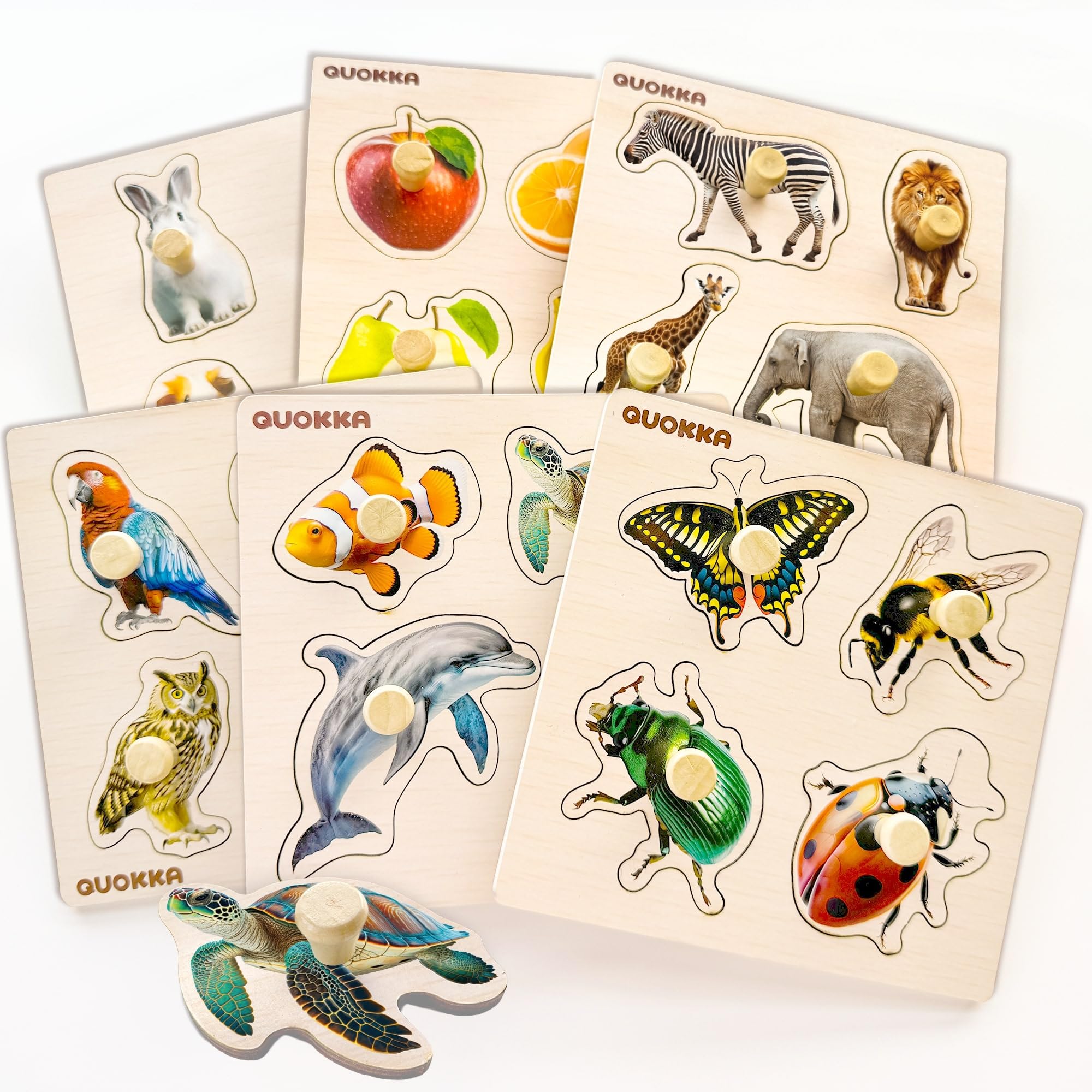 QUOKKA Wooden Puzzles for 1 2 3 Years Old – 6 Set Educational Peg Jigsaw Puzzles for Kids – Realistic Animal Learning Toys – Gift Game for Toddler Boy and Girl