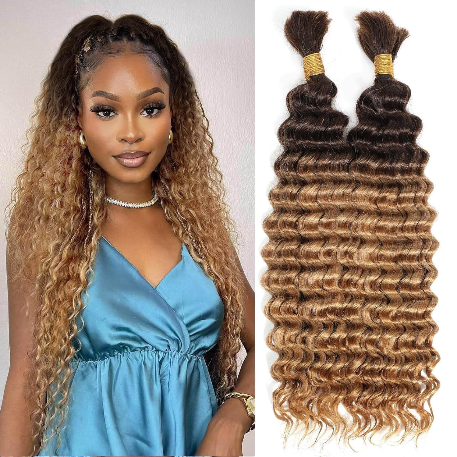 Flyroseing Boho Braids Human Hair Extensions, P4/27 Deep Wave Human Hair Bulk for Feed in to Make Boho Style Knotless Goddess Braids Extensions Hair, 2 Bundles 100g No Weft (18 Inch, 4/27) — image 1