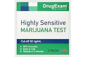 5 Pack - DrugExam Made in USA Highly Sensitive Marijuana THC Testing Drug Test Strip Kit - Drug Test with 50 ng/mL Cutoff Level for Detecting Any Form of THC in Urine up to 35 Days. Urine Test Strips