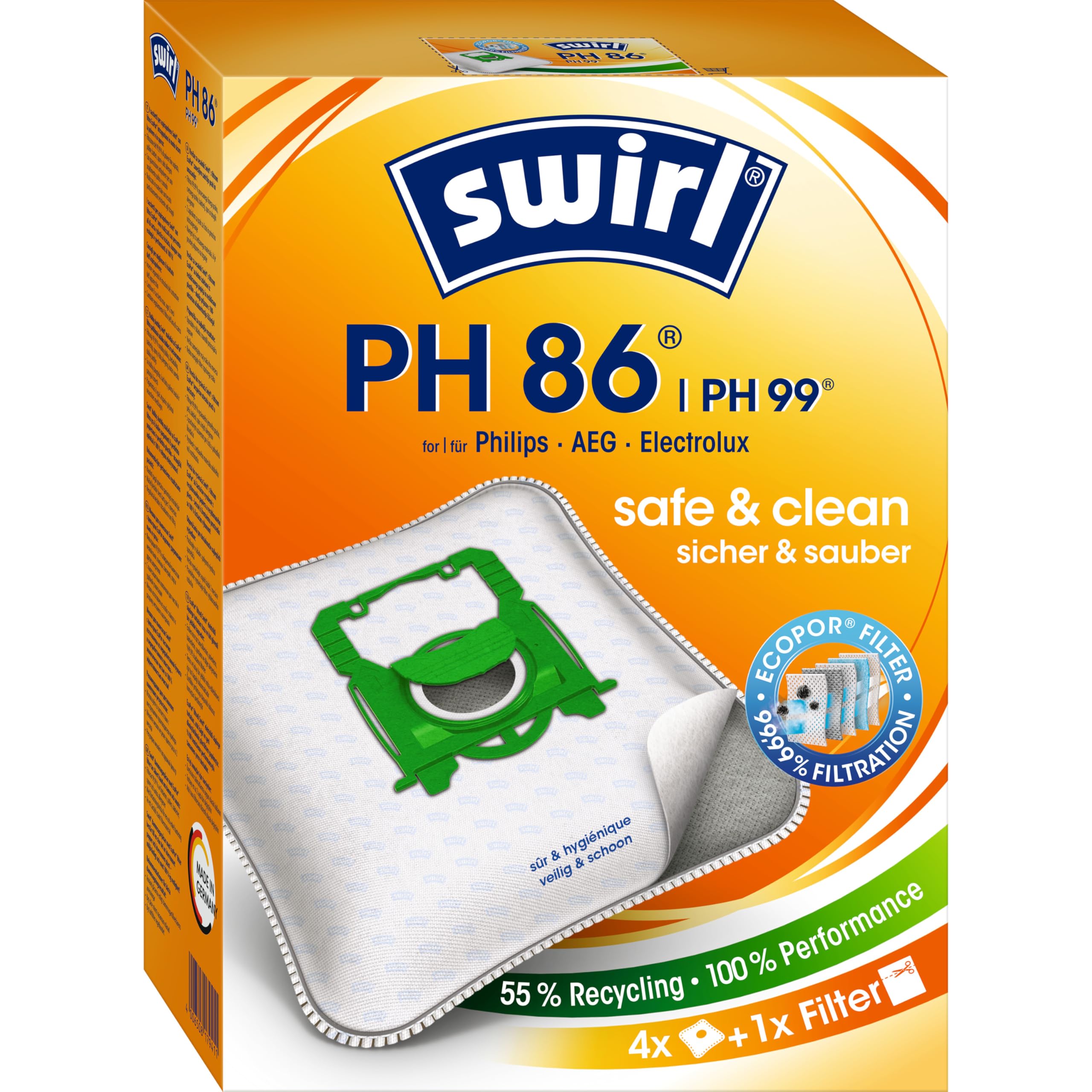 Swirl PH86/PH96 Vacuum Cleaner Bags, For Electrolux, Zanussi, Phillips Vacuum Cleaners and more, Pack of 4 Bags + 1 Anti-Allergen Filter ,White,179411