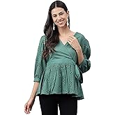Janasya Women's Cotton Green Schiffli Casual Wear Top for Women