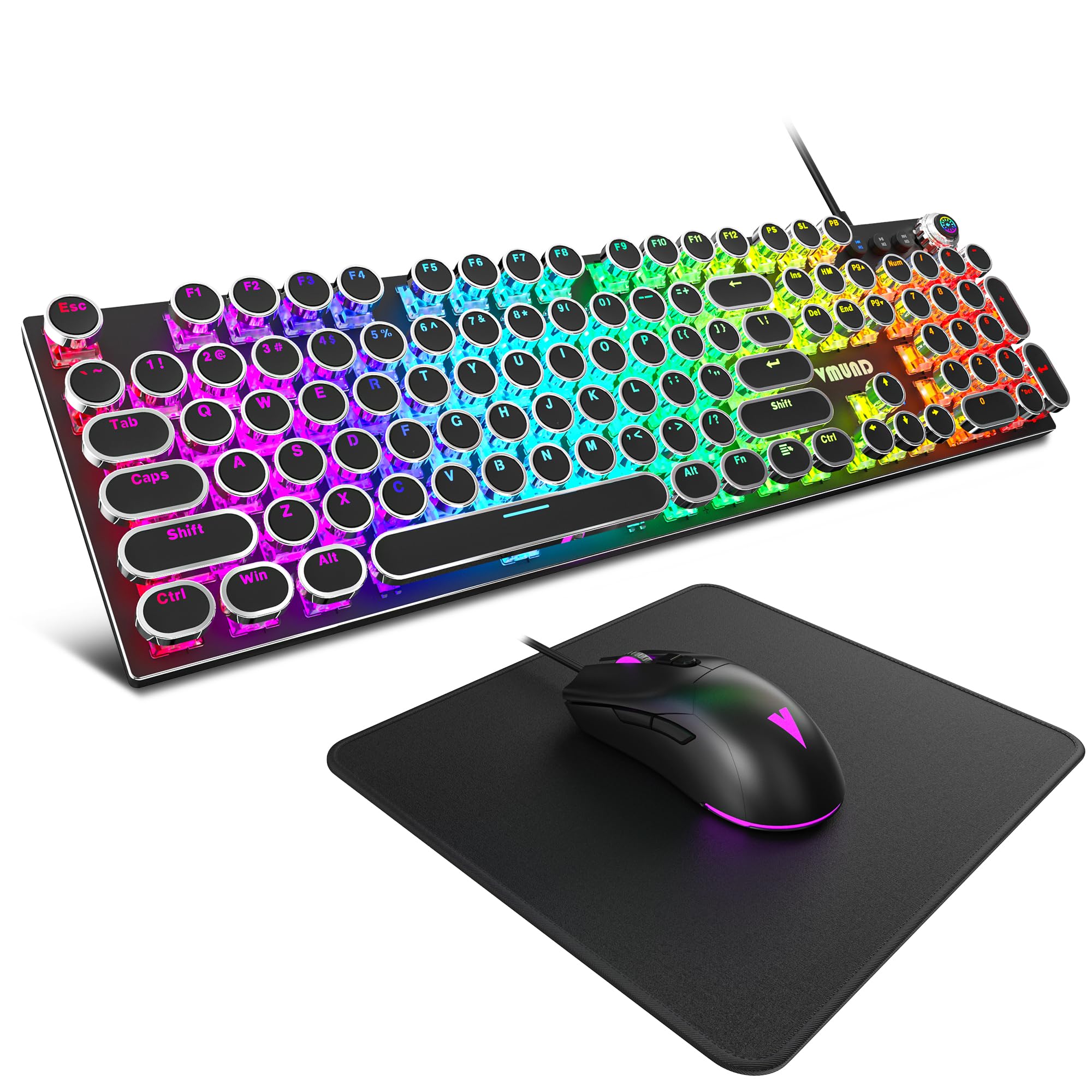 Photo 1 of Typewriter Mechanical Gaming Keyboard and Mouse Combo, Rainbow RGB Backlit Wired Keyboards with Blue Switches Round Keycaps Media Control Knob for PC Computer