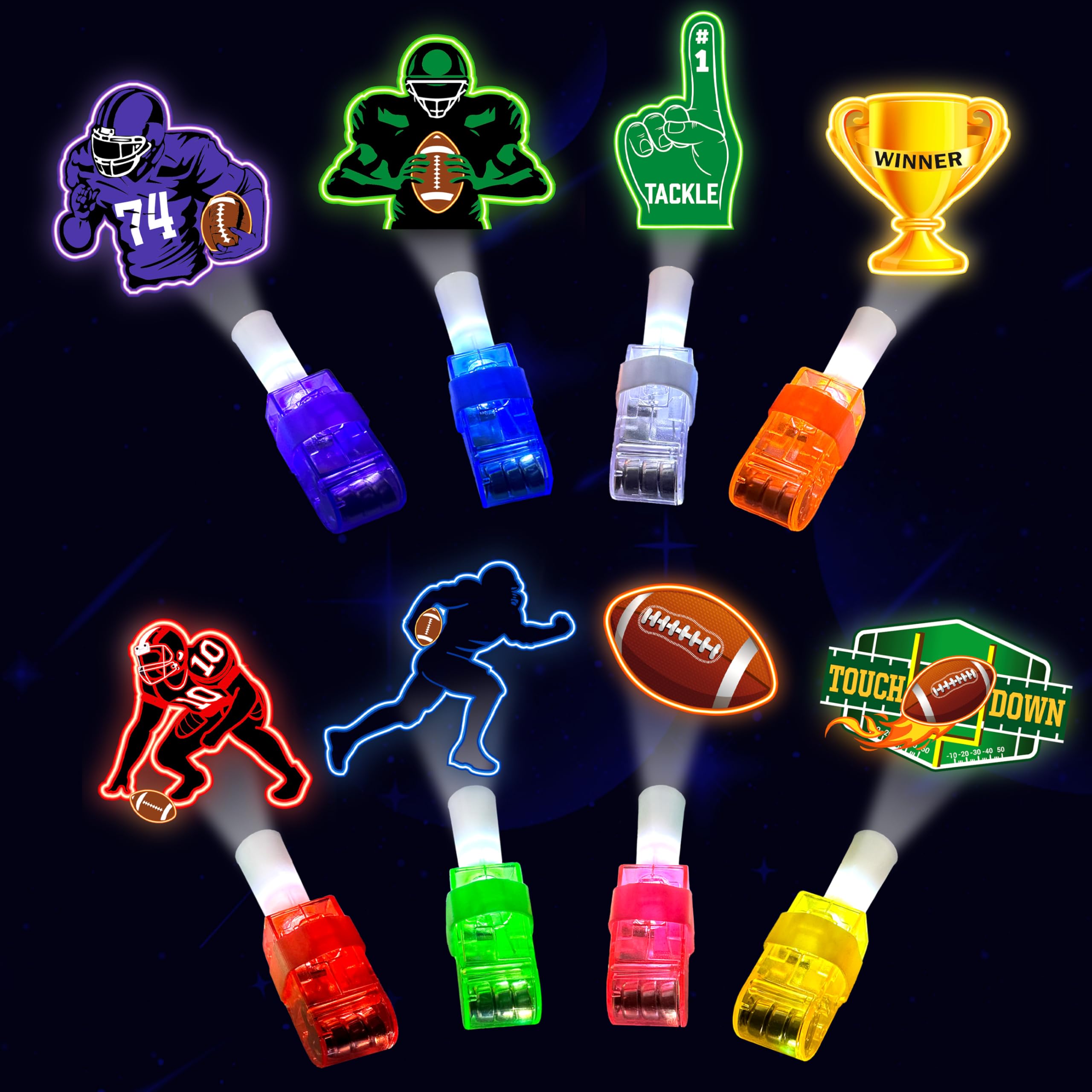POPOOO 24PCS Football Party Favors-LED Finger Lights：Glow-in-the-Dark Light-Up Toys Bulk for Kids,Football Theme Birthday Party Decorations Supplies,Goodie Bags Stuffers, Classroom Prizes, Fun Gifts
