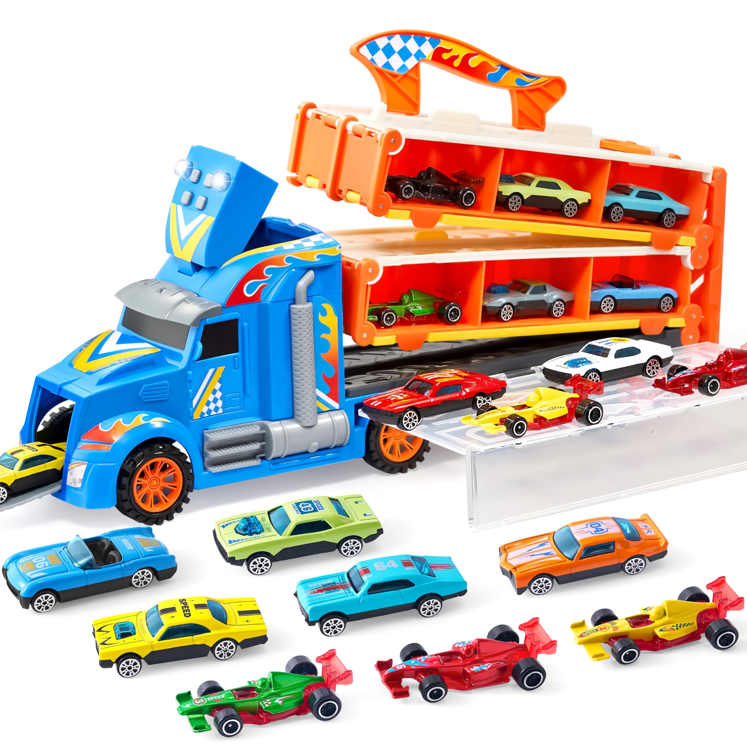 JOYIN Transport Truck Toys Car for 3 4 5 6 Year Old Boys, Foldable Toy Car Track Set with Lights & Sounds, 12 Die-Cast Metal Cars with 2 Launchers, Carrier Truck Gift for Girls Boys Age 3 4 5 6+