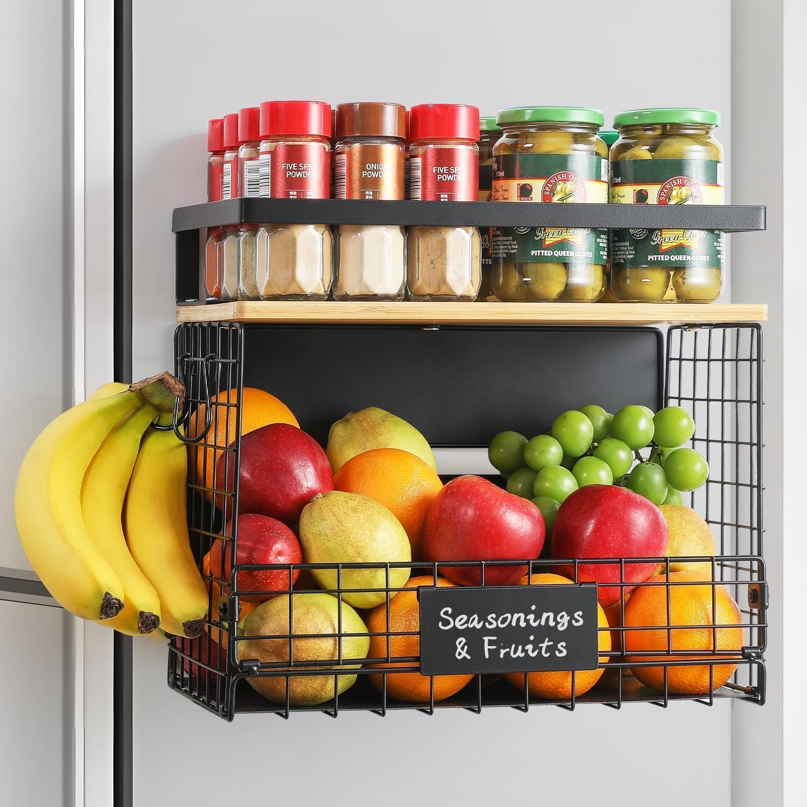 Photo 1 of [WIDER SHELF] 1 SET Strong Magnetic Shelf Basket for Fridge with Tag & Bamboo Top, XXL Large Magnetic Spice Rack Shelves for Side of Refrigerator, Kitchen Pantry Storage Organizer for Food Fruit Veg