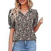 Micoson Womens Short Sleeve Polo T Shirts V Neck Casual Collared Tops Puff Sleeve Work Tunic Blouses