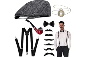 Goenb 1920s Men Costume Accessories, Roaring 20s Costumes Outfit with Hat Suspenders Pocket Watch for Great Gatsby Cosplay
