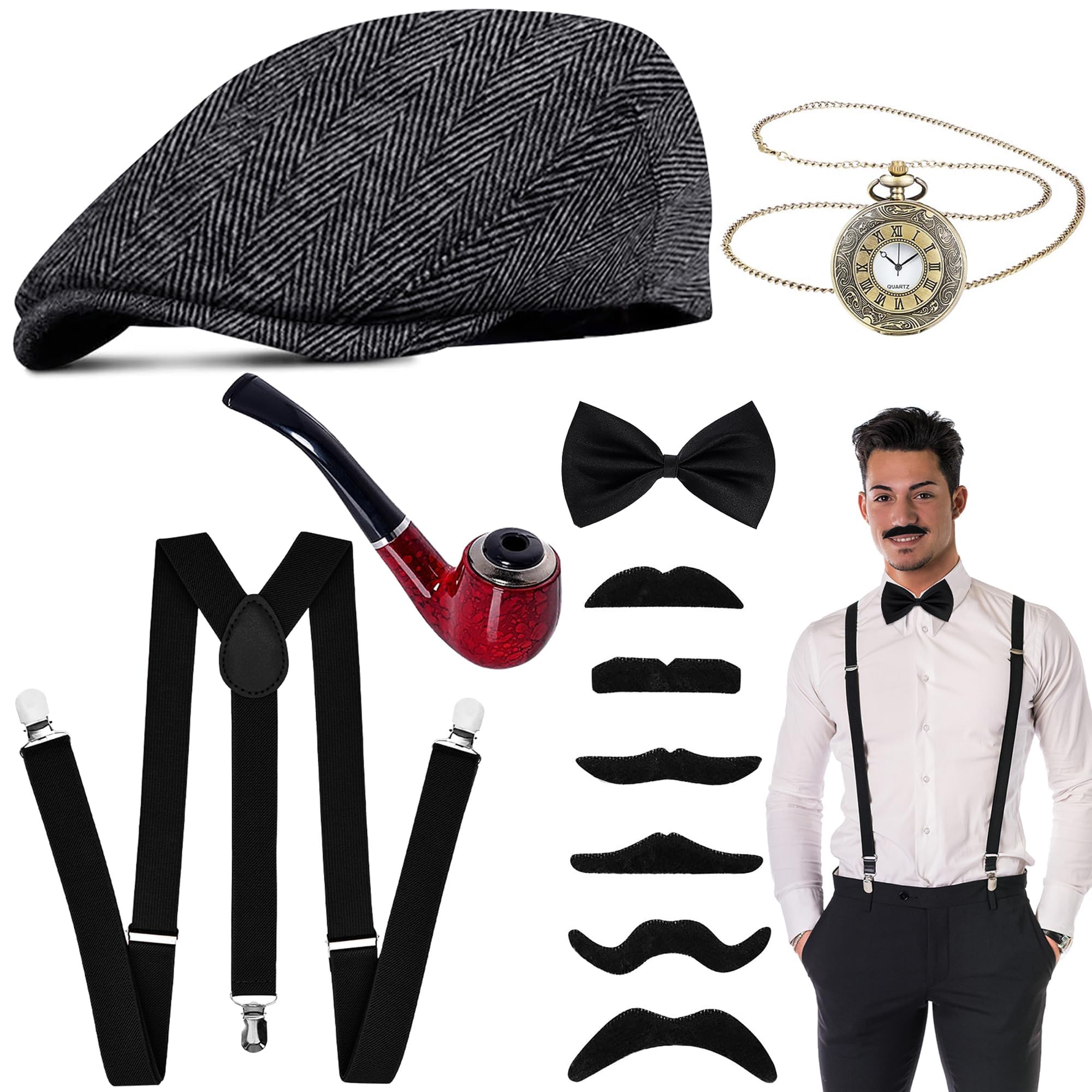 Goenb 1920s Mens Costume Accessories with Hat, Suspenders, Pocket Watch, Gangster, Roaring Accessories for Men Adult Gatsby Cosplay (Black)