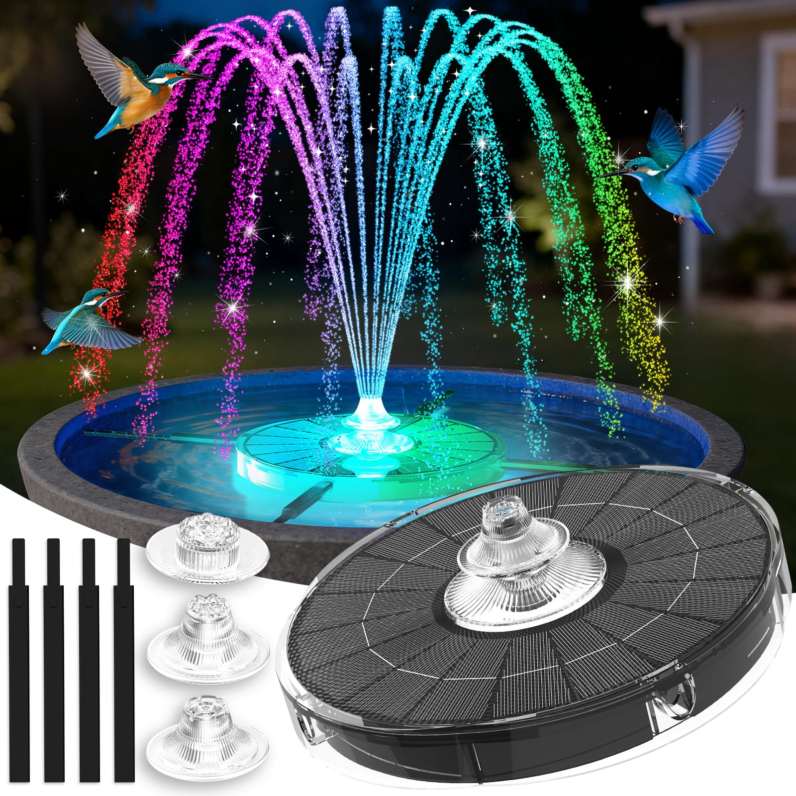 Photo 1 of PoolPop 4000mAh Solar Fountain,2026 Solar Bird Bath Fountain Pump,3 Spray Solar Powered Water Fountain with Lights,Floating Birdbath Fountain,DIY Water Bird Bath Fountain for Outdoor,Garden,Pond-Dark