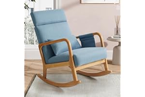 BEDHOURS Nursery Rocking Chair, Upholstered Glider Rocker with High Backrest, Comfy Armchair with Side Pocket and Pillow, Reading Accent Chair for Living Room Bedroom Nursery, Light Blue