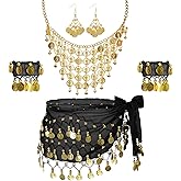 Topbuti 128 Gold Coins Belly Dance Hip Scarf Belly Dancing Scarf Skirt Wrap Necklace Earrings Bracelet for Bellydance Costume
