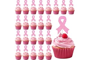 HEYIMINY 24 Pcs Breast Cancer Cupcake Toppers, Glitter Pink Ribbon Cupcake Toppers, Breast Cancer Cupcake Decorations, Breast Cancer Cupcake Picks, Breast Cancer Awareness Cupcake Toppers for Cake Decorations