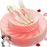YOUBET 125Pieces Clear Pink Plastic Plates with Gold Rim - Gold Plastic Silverware Include 25 Dinner Plates 25 Dessert Plates 75 Golden Silverwares for Wedding Birthday & Parties Valentines Day